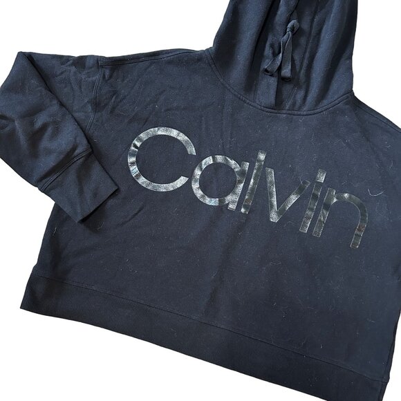 Calvin Klein Cropped Long Sleeve Black Hooded Sweatshirt Woman Large 1550 - Picture 2 of 5